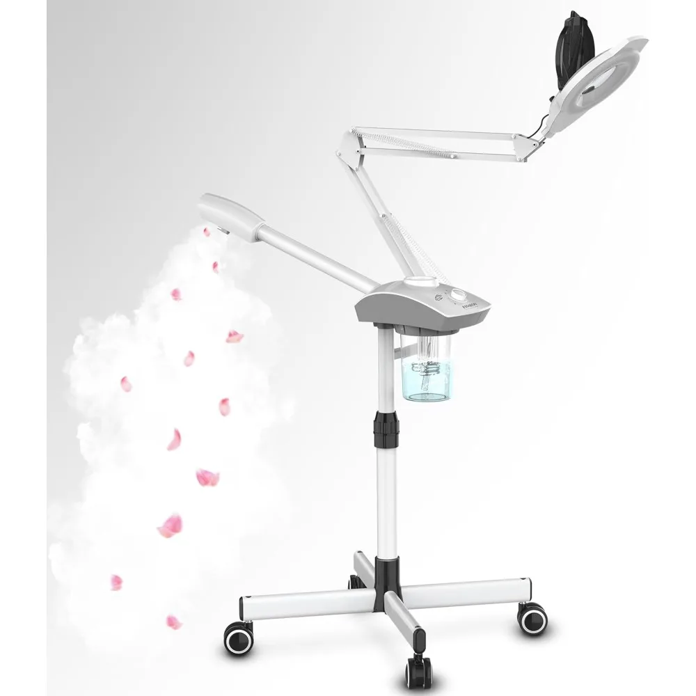 

Professional Facial Steamer with 5X Magnifying Lamp, 2-in-1 Esthetician Steamer on Wheels with Ozone and Hot Mist