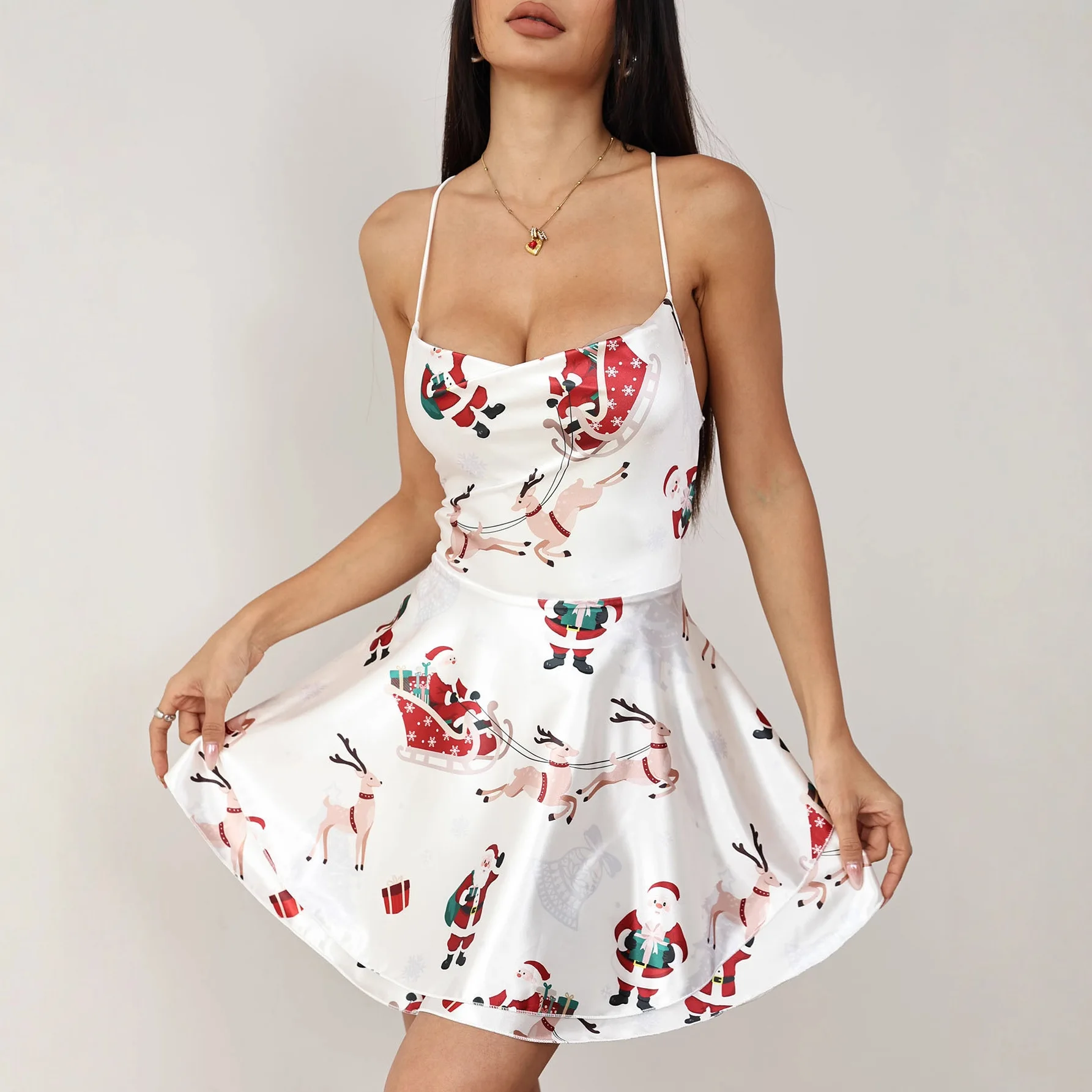 

Christmas Spaghetti Strap Dresses Women Sexy Low Cut Backless Leace-up Short Dress Christmas Banquet Party Vestidos Hot Sale New