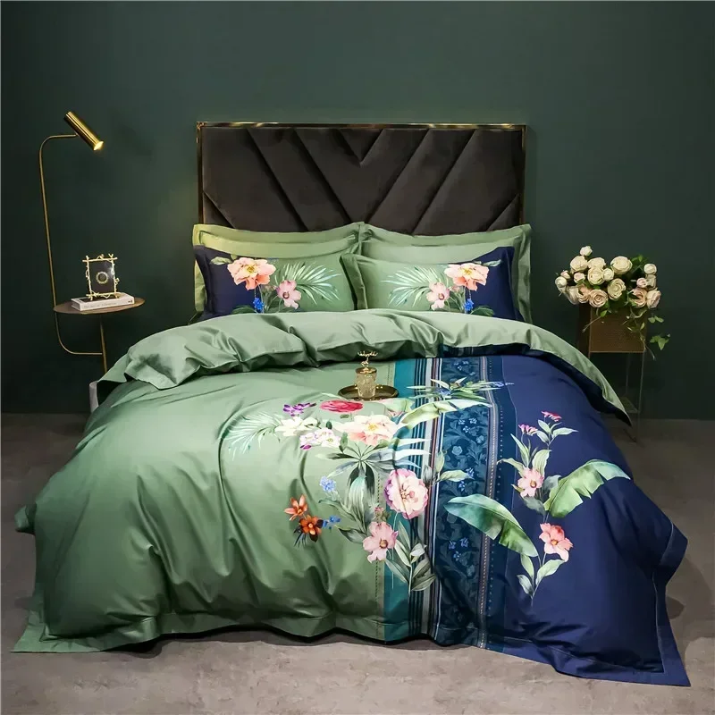 Luxury American Style 1400TC Satin Egyptian Cotton Floral Bird Printing Bedding Set Soft Duvet Cover Bed Sheet Pillowcases