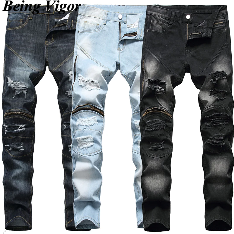 

Being Vigor High Street Wear Ripped Holes Straight Mens Jeans Pants Slim Fit Motor Cycle Plus Size Denim Jeans With Zipper