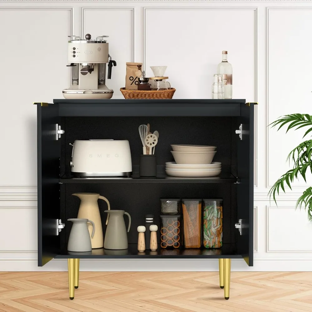 بوفيه خزانة جانبية من الخشب الأسود الأنيق مع أرفف قابلة للتعديل ولمسات معدنية ذهبية #6