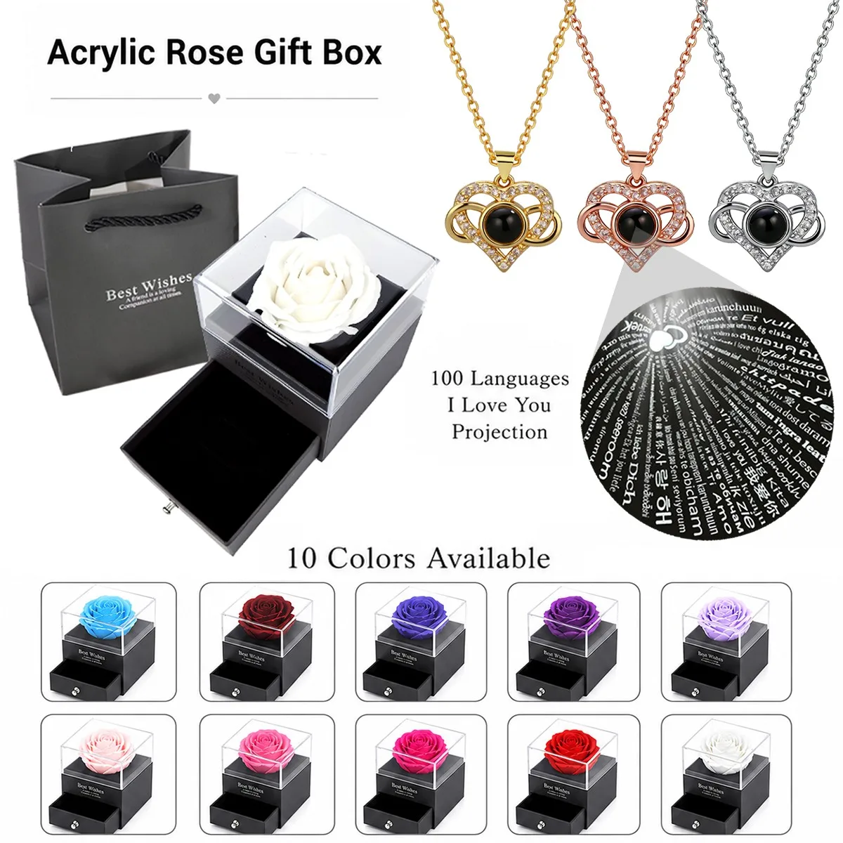 100 Languages I Love You Projection Heart Pendant Necklace With Multi Color Rose Gift Box Valentine's For Women Wedding Jewelry