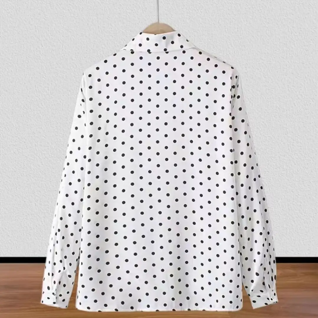 Baju wanita Polka Dot lengan panjang, baju atasan wanita Polka Dot lengan panjang, baju tipis longgar dan bergaya Retro Musim Semi