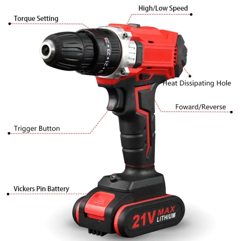 21V Cordless Drill Electric Screwdriver Mini Wireless Power Driver DC Lithium-Ion Battery 3/8-Inch 2 Speed Power Tools