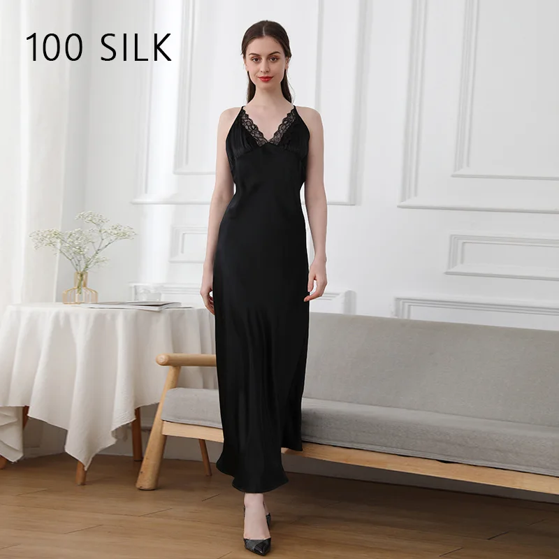 High Quality Natural 19 Momme100  Lace Trim Home Wear Suspender Skirt Heavy Real Silk Nightdress for Women