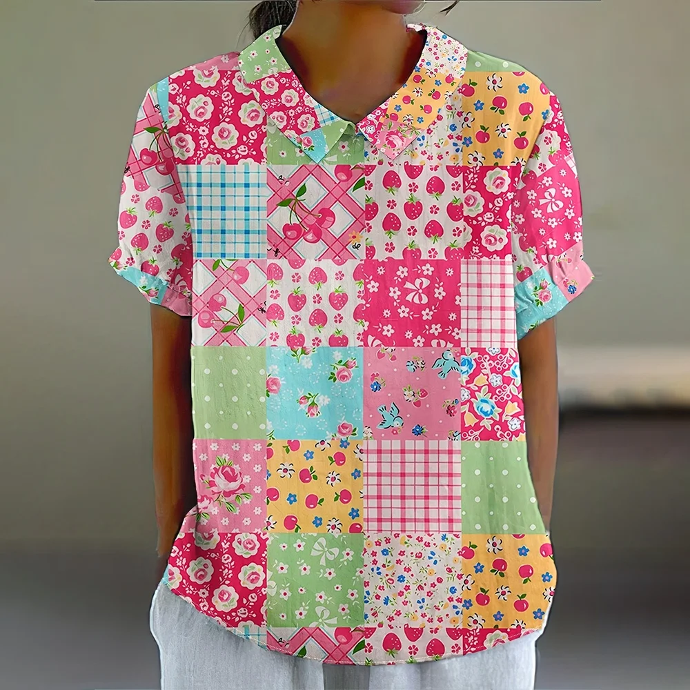 

Women's Flower Color Block Patchwork Print Short-Sleeved Polo Shirt Summer Street Pullover Fashion Women's Overszied Clothing