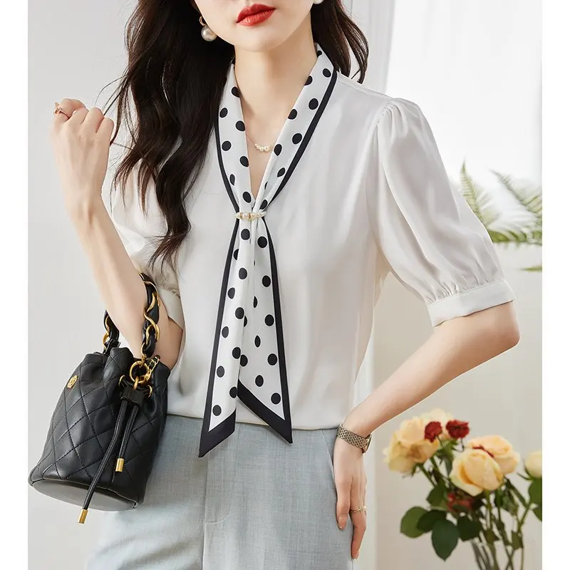 Short Sleeved Blouse Chiffon Women's Shirts Summer New Print Bow Collar Satin Ladies Tops Korean Fashion Luxury Women's Clothing