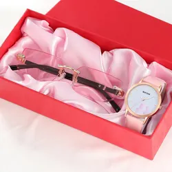 Fashion Pink Watch Glasses Set Women Casual Leather Belt Watches Simple Ladies Quartz Wristwatches Dress Clock Montre Femme