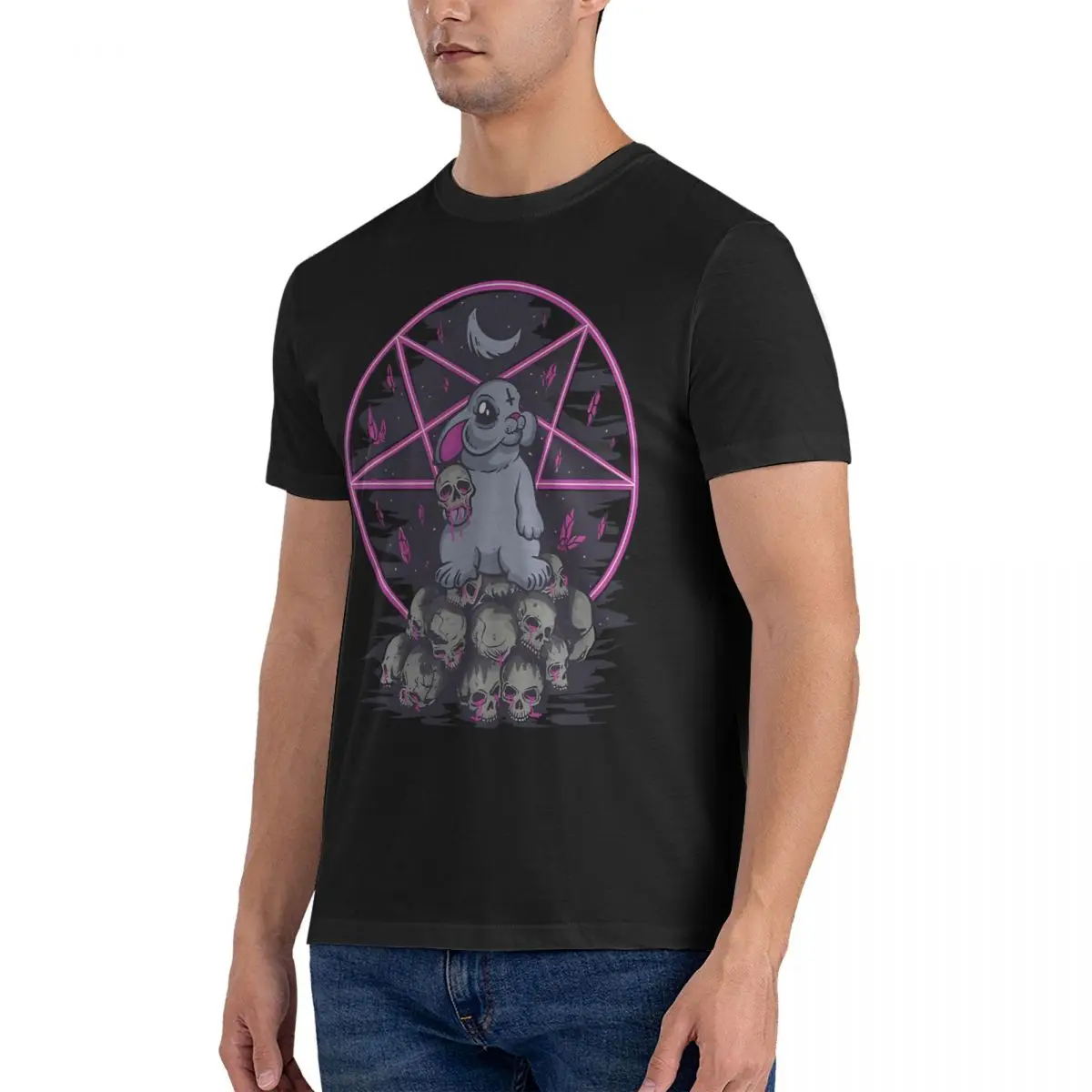 Men Satanic Rabbit Pentagram Design T Shirts Bad Bunny Cotton Clothing Vintage Short Sleeve O Neck Tee Shirt 4XL 5XL T-Shirt