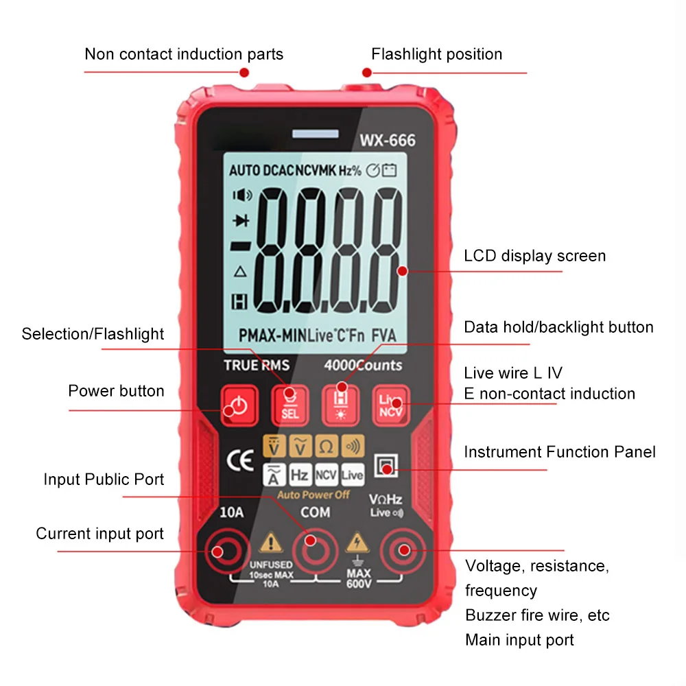 WX666 Mini Smart Digital Multimeter Color LCD Display 4000 Counts True Rms Auto Range Multimetro Ohm Hz Diode Voltage Tester