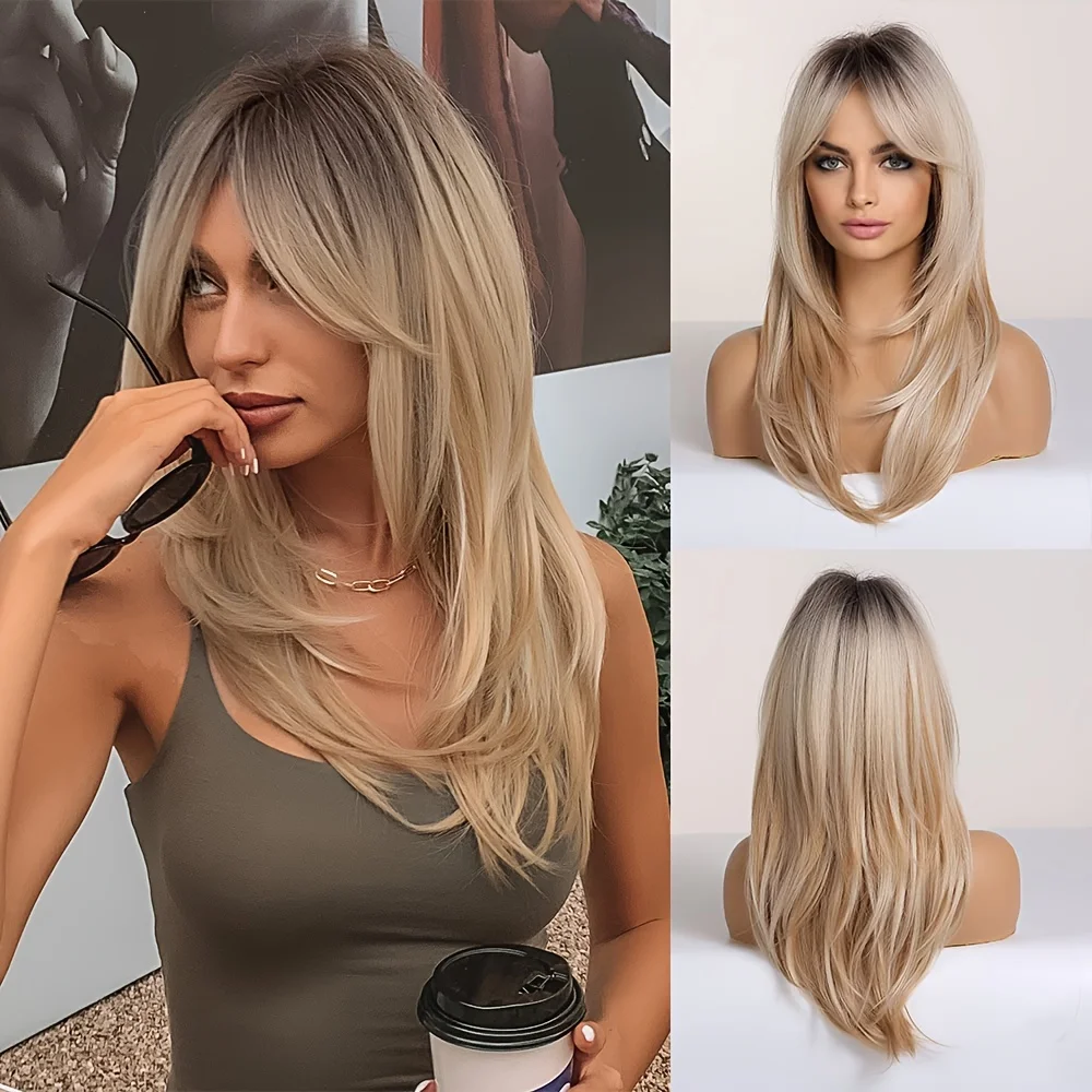 Flaxen Blonde Medium Length Straight Hair Wig with Bangs, Women's Synthetic Wigs, Stylish, Heat Resistant, Everyday Role Parties