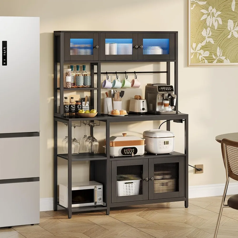 رف الخبازين مع مخرج طاقة وإضاءة LED، حامل ميكروويف 45.3 بوصة مع أرفف تخزين، خزانة بار القهوة مع رف النبيذ #3
