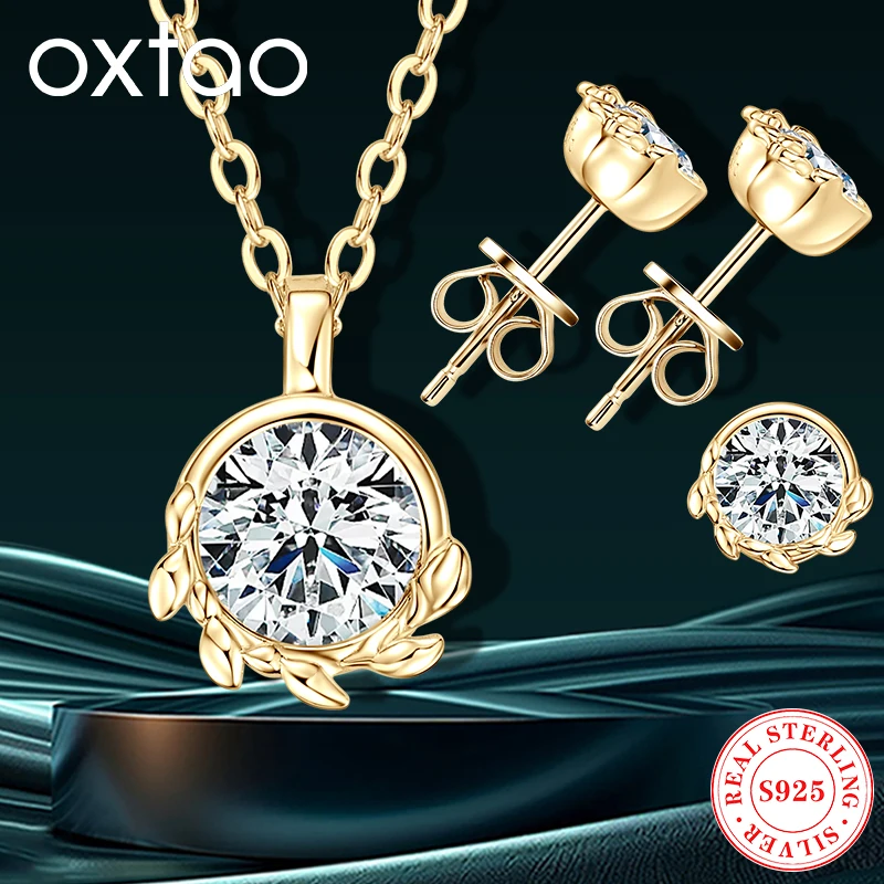 

OXTAO Olive Leaf Stud Earrings Necklace 925 Silver for Women 5mmMoissanite Pendant Necklace Luxury Jewelry Gift with Certified