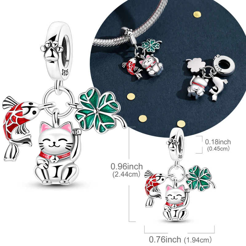 Original 925 Sterling Silver Charms Bead Lucky Cat Clover Carp Pendant Fit Original Bracelet Necklace For Women DIY Jewelry Gift