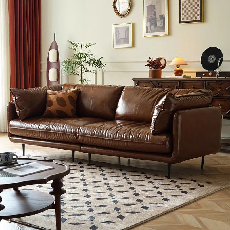 Italian Minimalist Medieval Brown Leather Sofa Down Living Room Nordic Simple Retro Oil Wax Straight Row Leather Sofa