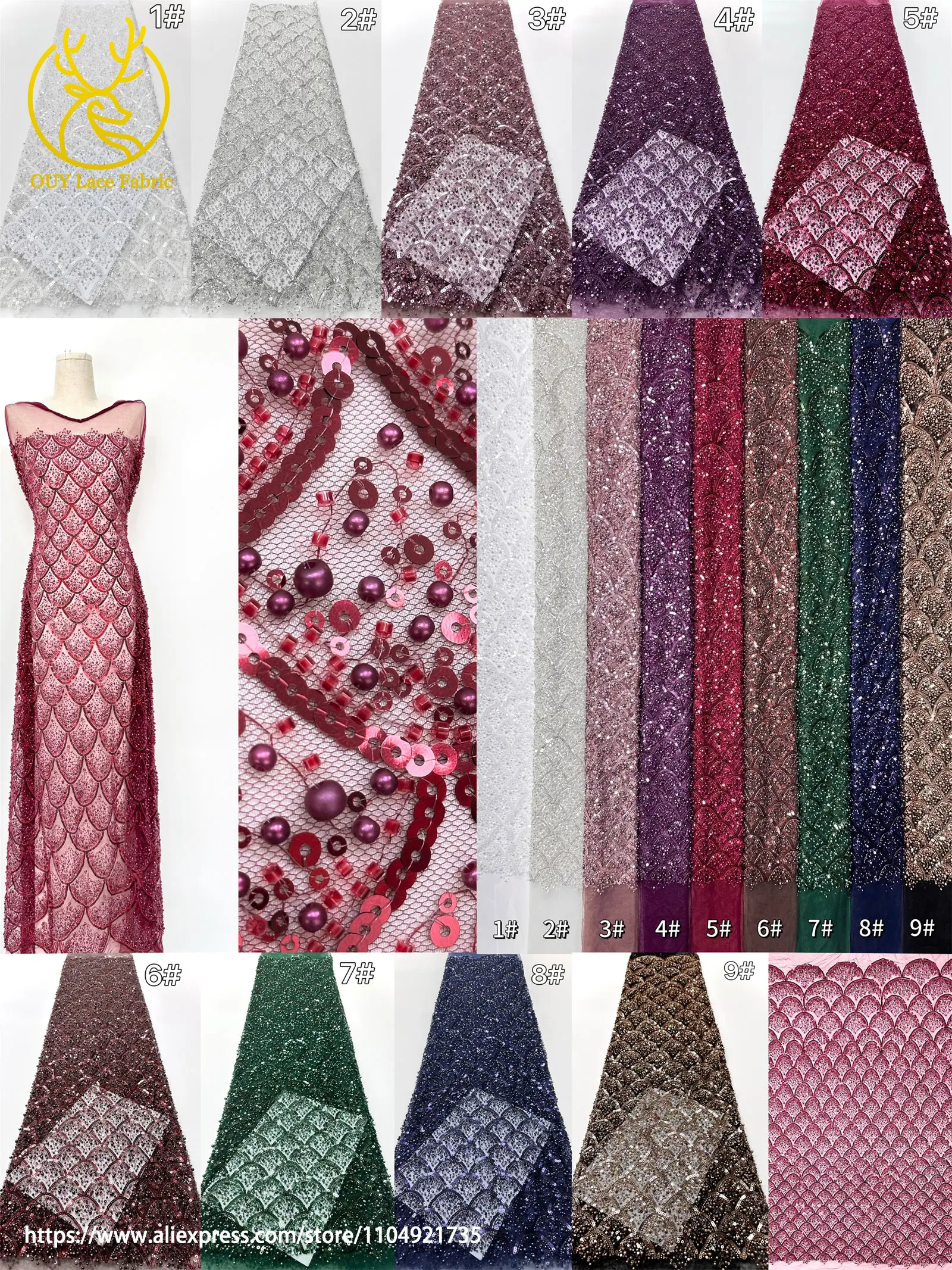 Burgunderroter afrikanischer Perlenstickerei-Mesh-Spitzenstoff, eleganter nigerianischer französischer Pailletten-Tüll-Spitzenstoff für Frauen, Partykleider – Detail 2