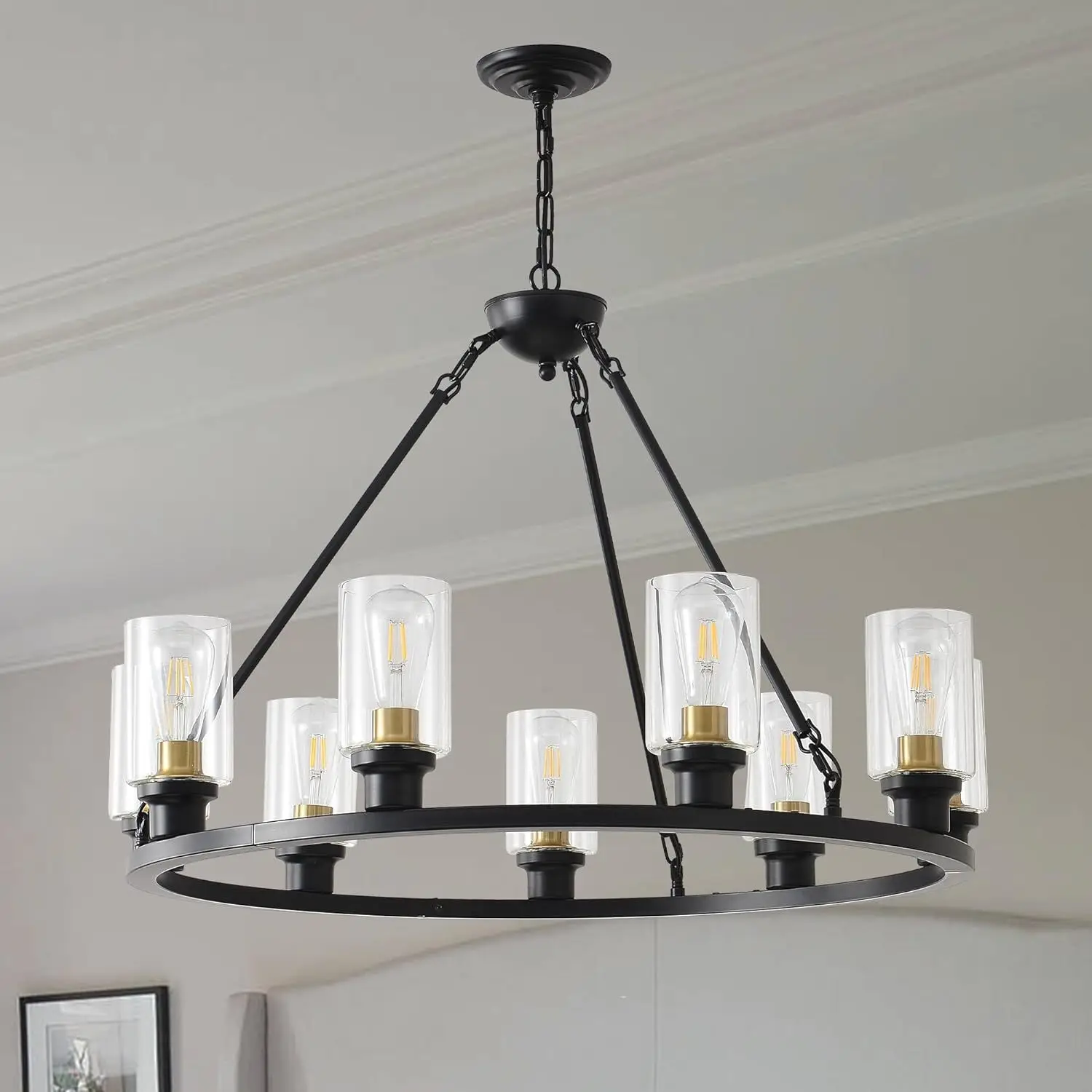 

Cross-border American industrial retro creative black glass cover wheel chandelier round dining room bedroom