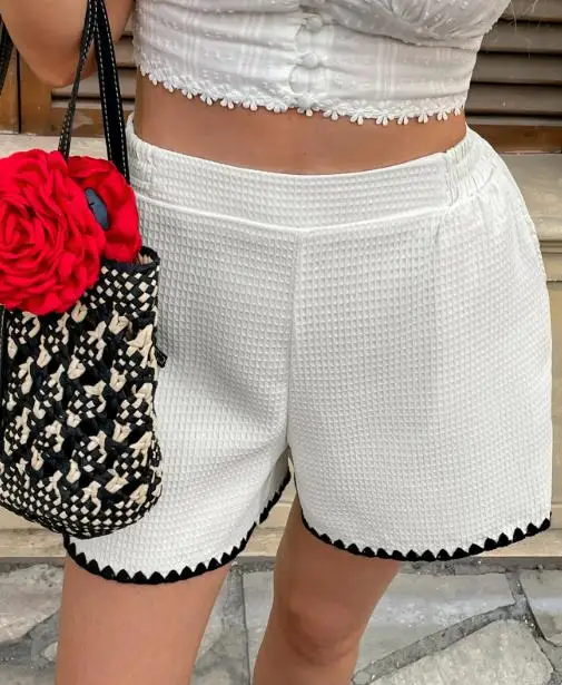 Summer Casual Commuting Style Texture Contrast Border Shorts Women's Elegant High Waisted Waffle Checkered Contrasting Shorts