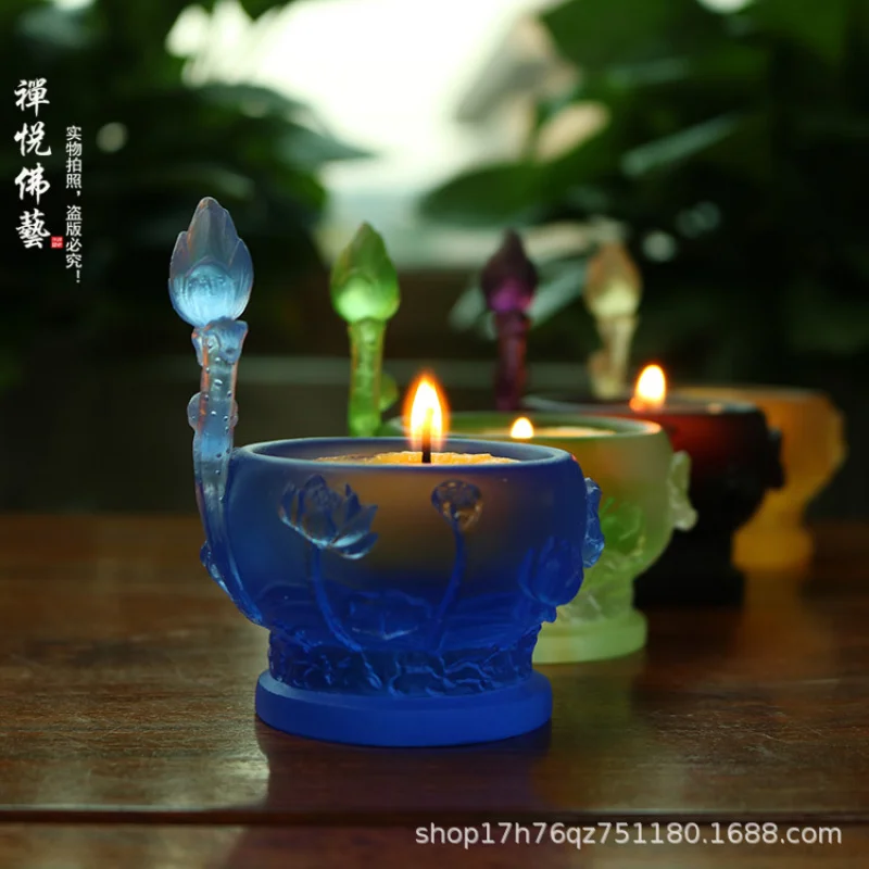 

Glass Relief Lotus Candle Holder Eight Colors Available Buddha Offering Supplies Butter Base Lamp Stand
