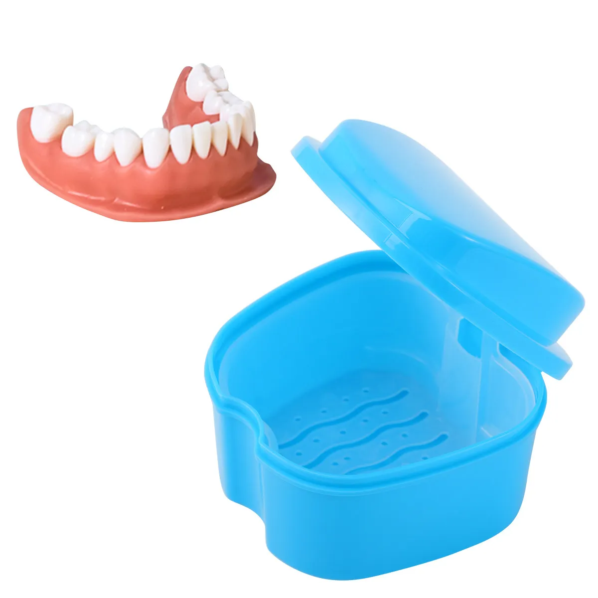 Shape Denture Storage Box Case with Strainer for False Teeth Dental Retainer Mouth Guard Compact Portable Hygienic Travel