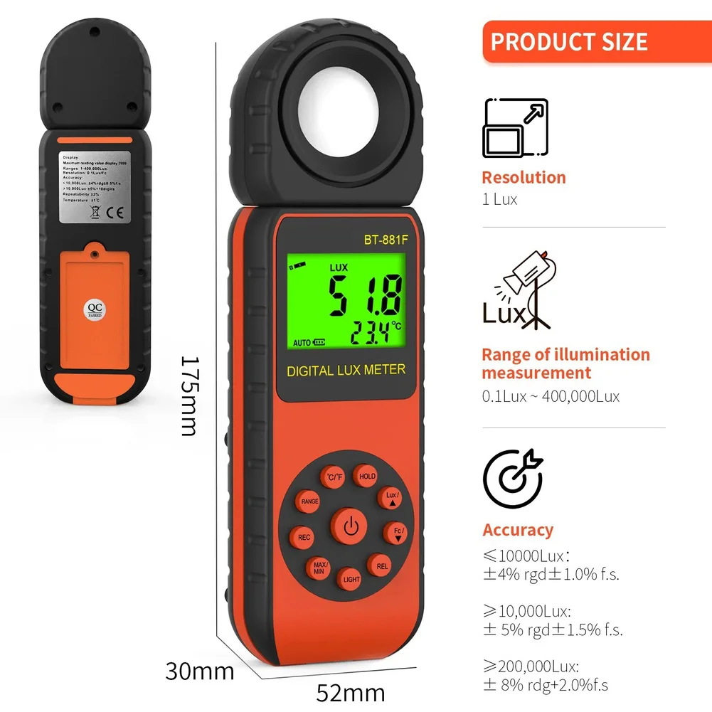 Digital Illuminance Meter with 3999 Count Display High Accuracy Measurement from 1 to 400000 Lux for Lighting Assessment