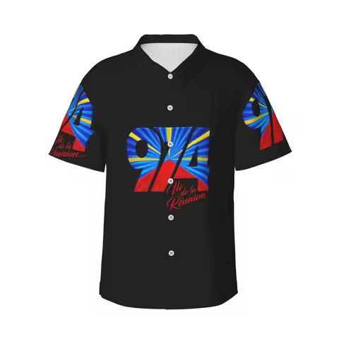 974 Reunion Island Flag Men's Shirts Hawaiian Short Sleeve Shirt Funny Lapel Tops for Summer Beach