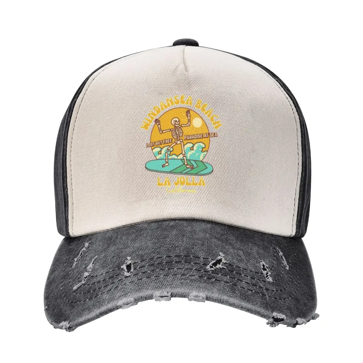 Retro Sixties Windansea Beach, La Jolla, California, Gold Text- Skeleton Beach / Skeleton Surf Baseball Cap