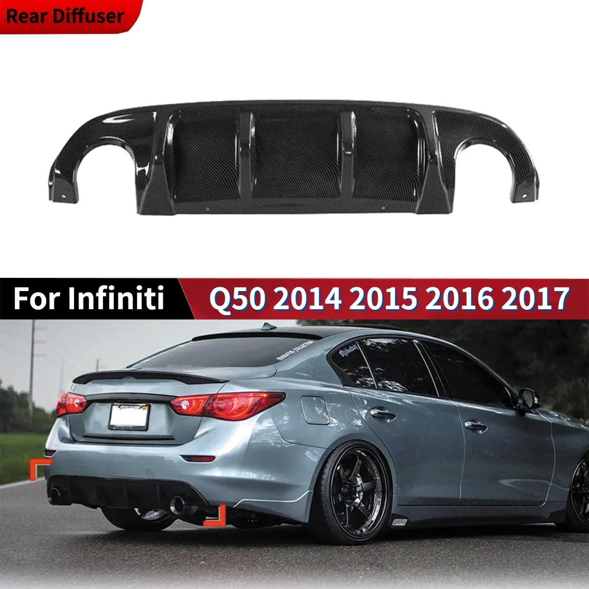 

Задний диффузор для Infiniti Q50 2014-2017, бампер, губа из углеродного волокна, внешний вид/черный Кронштейн для багажника, спойлер, защитная крышка, тюнинг