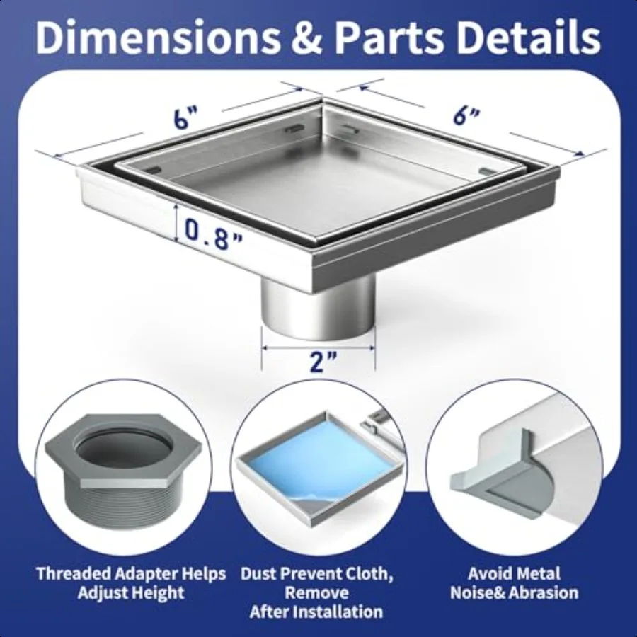 استنزاف دش مربع 6 استنزاف أرضي مصقول مع مصفاة شعر مبلطة 304 حمام من الفولاذ المقاوم للصدأ 2in1 مبلطة في استنزاف C