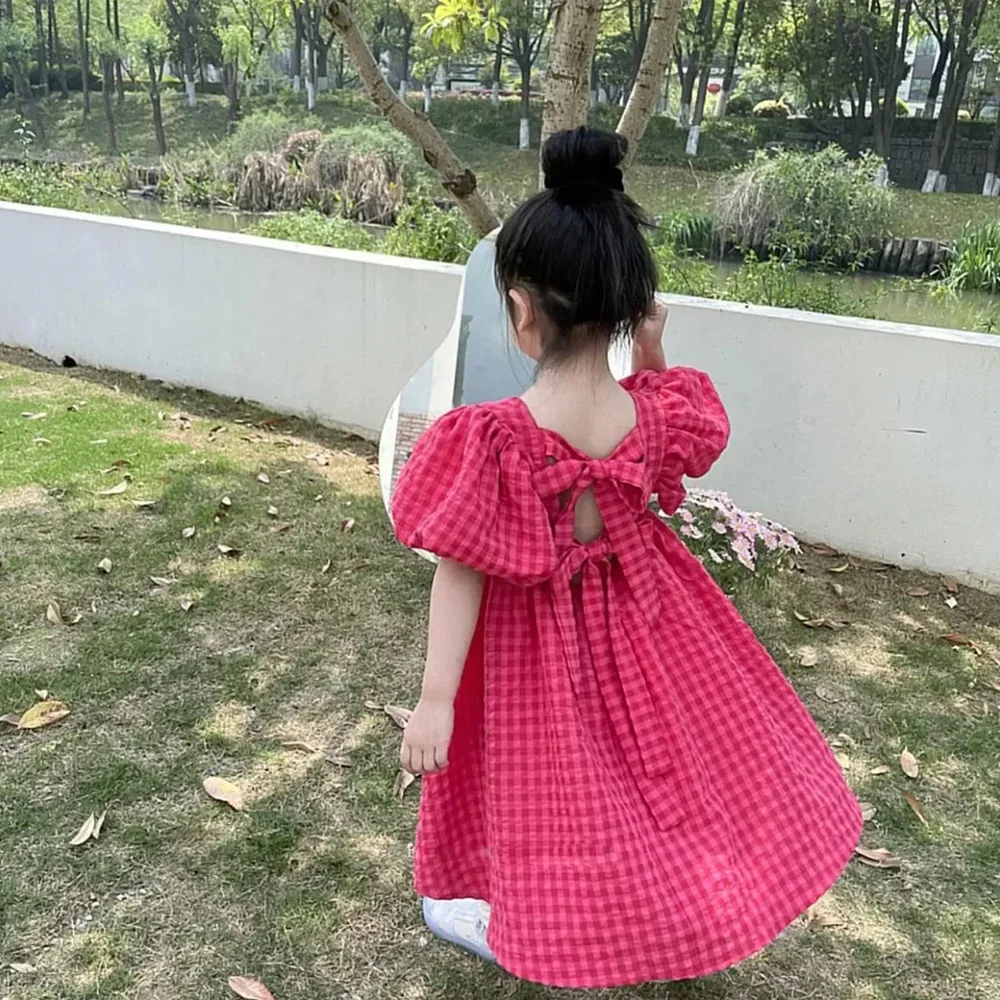 Bear Leader Rose Pink Plaid Bow Dress Elegant Lolita Child Big Girls Midi Dress Children Dresses Teens Party Princess Sundress