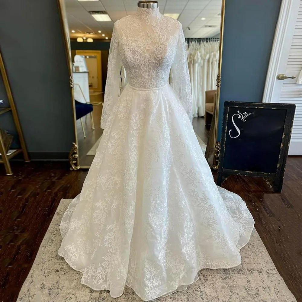 Arabia Hochzeitskleid für Damen, maßgeschneidert, Stehkragen, lange Ärmel, offener Rücken, Sweep-Zug, Spitze, Brautkleid Robe De Mariee