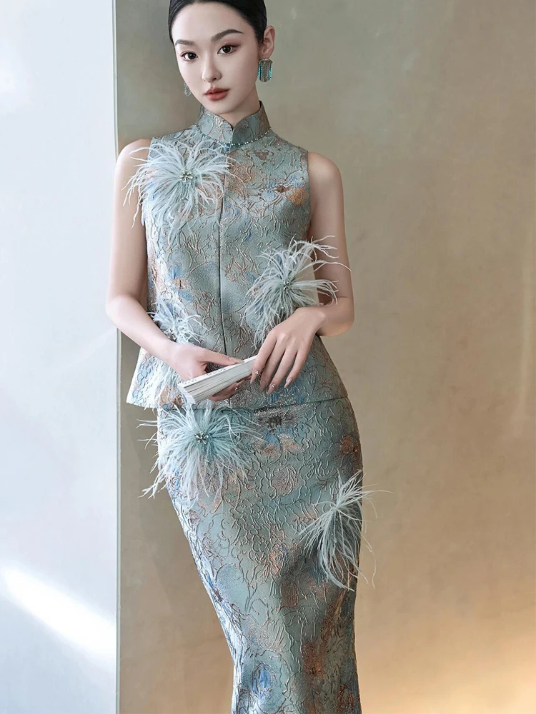 

Элегантный китайский длинный комплект ципао для женщин: роскошный костюм для утренних фотосессий и свадебных церемоний