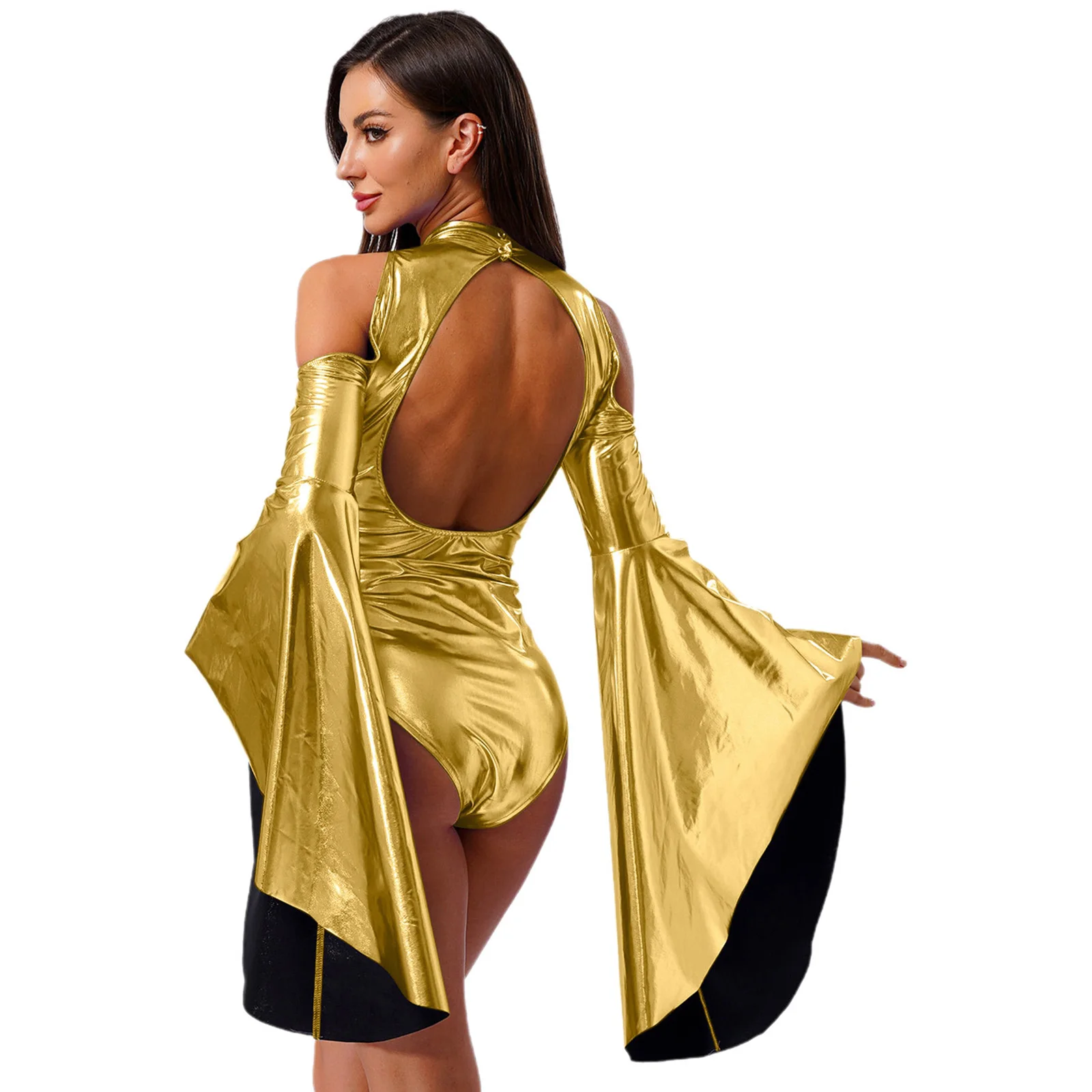 Women Metallic Shiny Cold Shoulder Bodysuit Mock Neck Catsuit Clubwear Rave Outfit Flared Sleeve Leotard Jumpsuits Party Dresses