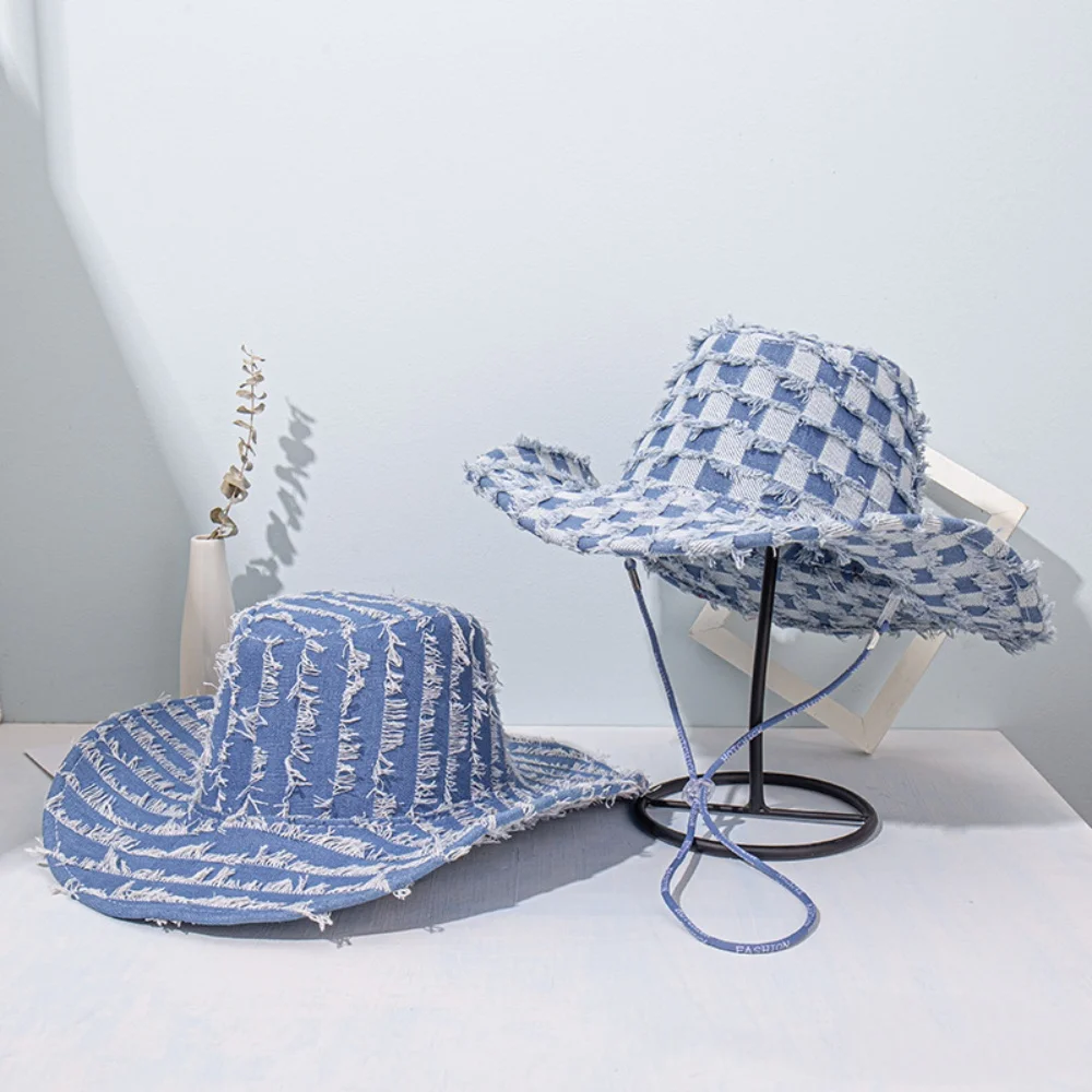 

Wide Brim Bucket Sun Hat Packable Cotton Denim Cowboy Sun Hat for Women Men Summer Outdoor Fisherman Cap