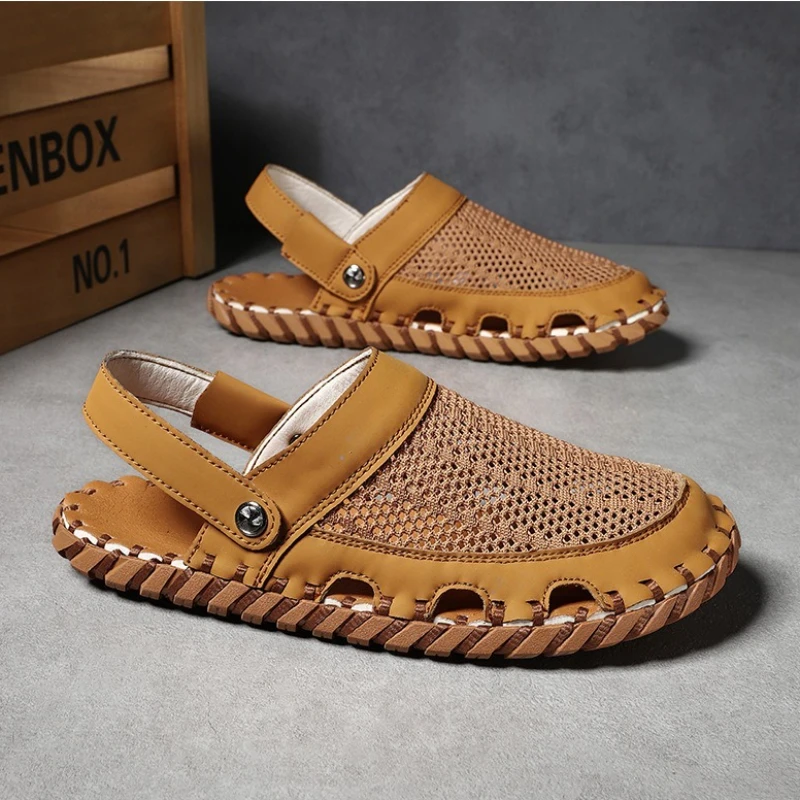 

Мужские сандалии, новинка 2025, летние уличные пляжные сандалии, модные мужские тапочки из натуральной кожи в корейском стиле