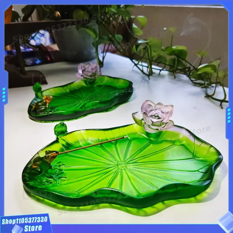 Vintage Glazed Lotus Leaf Incense Burner Plate for Line Stick Cone Holder Zen Buddha Offering Decor Fruit Dish Home Craft