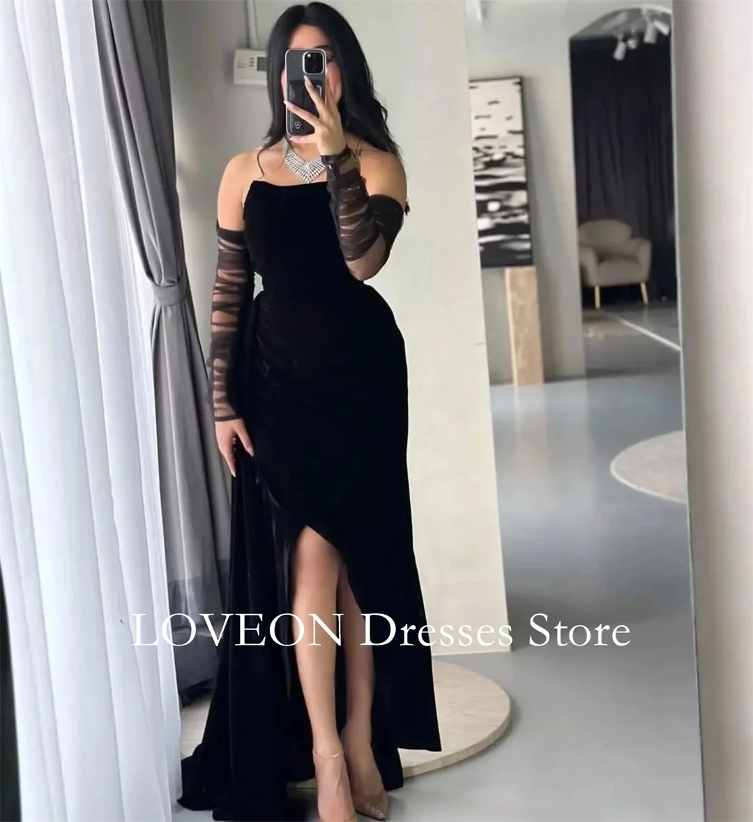 

Strapless Ruched Black Velvet Formal Evening Dresses Pleat Long Sleeves فساتين سهرة Customized Elegant Prom Growns Party Women