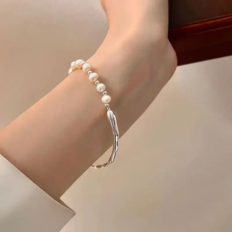 Pulseras de perlas de Plata de Ley 925 para mujer, brazaletes Vintage minimalistas irregulares de Metal con nudos de perlas, joyería de fiesta,