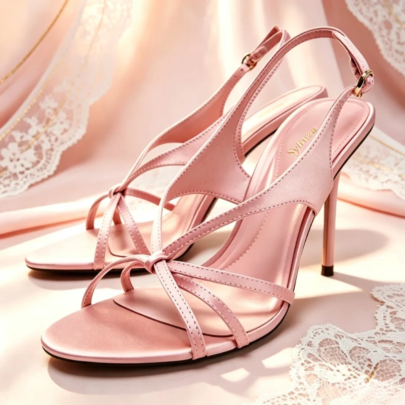 Designer Cross Tied High Heels Sandals Fashion Metal Buckle Fastening Slingback Heels Dress Shoes Satin Summer Women's Sandals