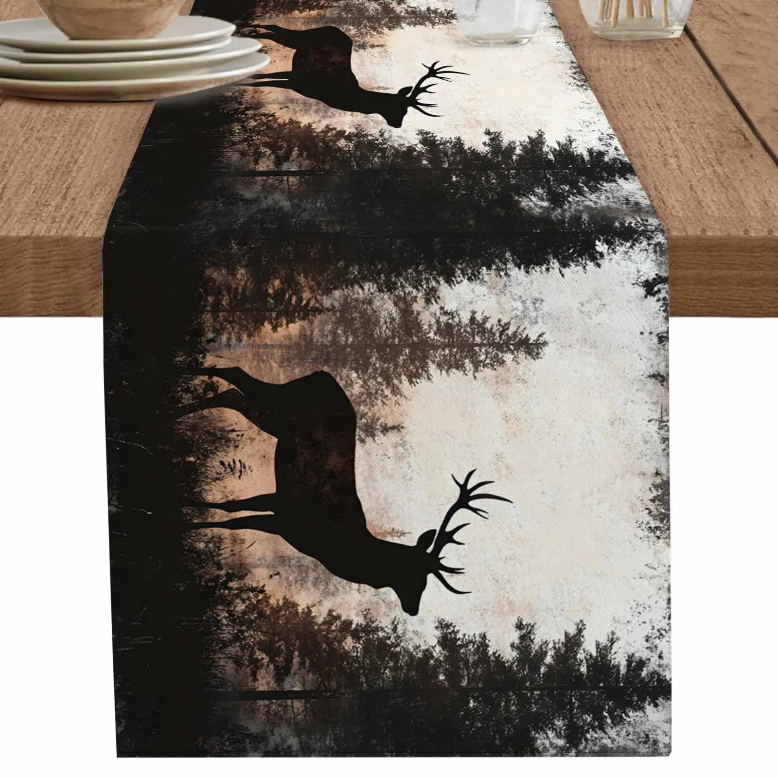 

Vintage Black Elk Forest Silhouette Table Runner Kitchen Decor Tablecloth Placemat Hotel Home Wedding Decor Table Runners