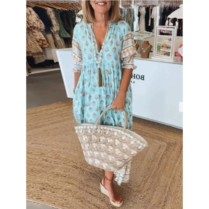 Bohemian V-neck Printed Lantern Sleeve High Waist Maxi Dress Women's Fashionable Summer New Style Cross-border Wind Dress