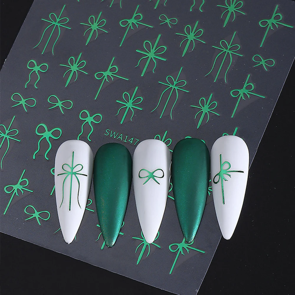 1장 그린 레드 선물 리본 보우 네일 스티커 골든 트위스트 리본 보우 셀프 접착 네일 데칼 심플 리본 매니큐어 데칼