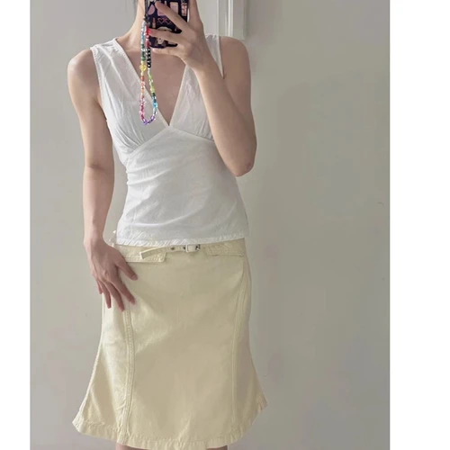 샤워 셔츠 여성 여름 순면 단색 짧은 스타일 브랜디 흰색 V넥 허리 조임 무소매 샤워 셔츠 상의 블라우스 셔츠 