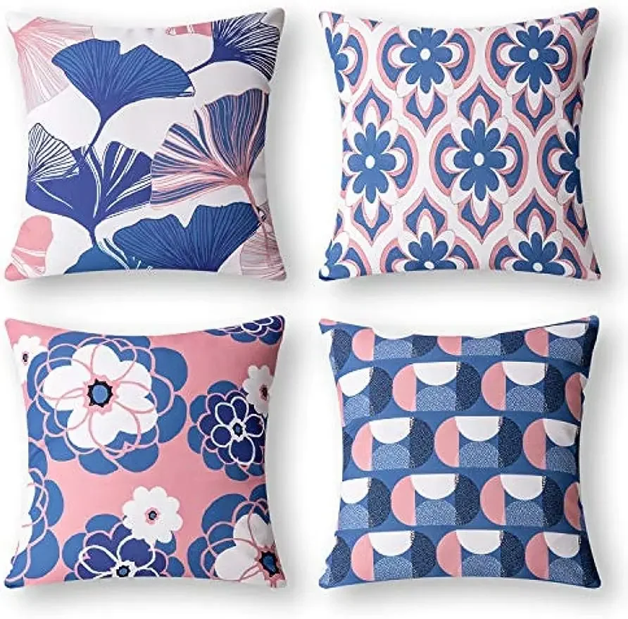 New Life Collection Ginkgo print embellished pillowcase cushion cover blue and pink, 45 x 45 cm  Autumn decoration