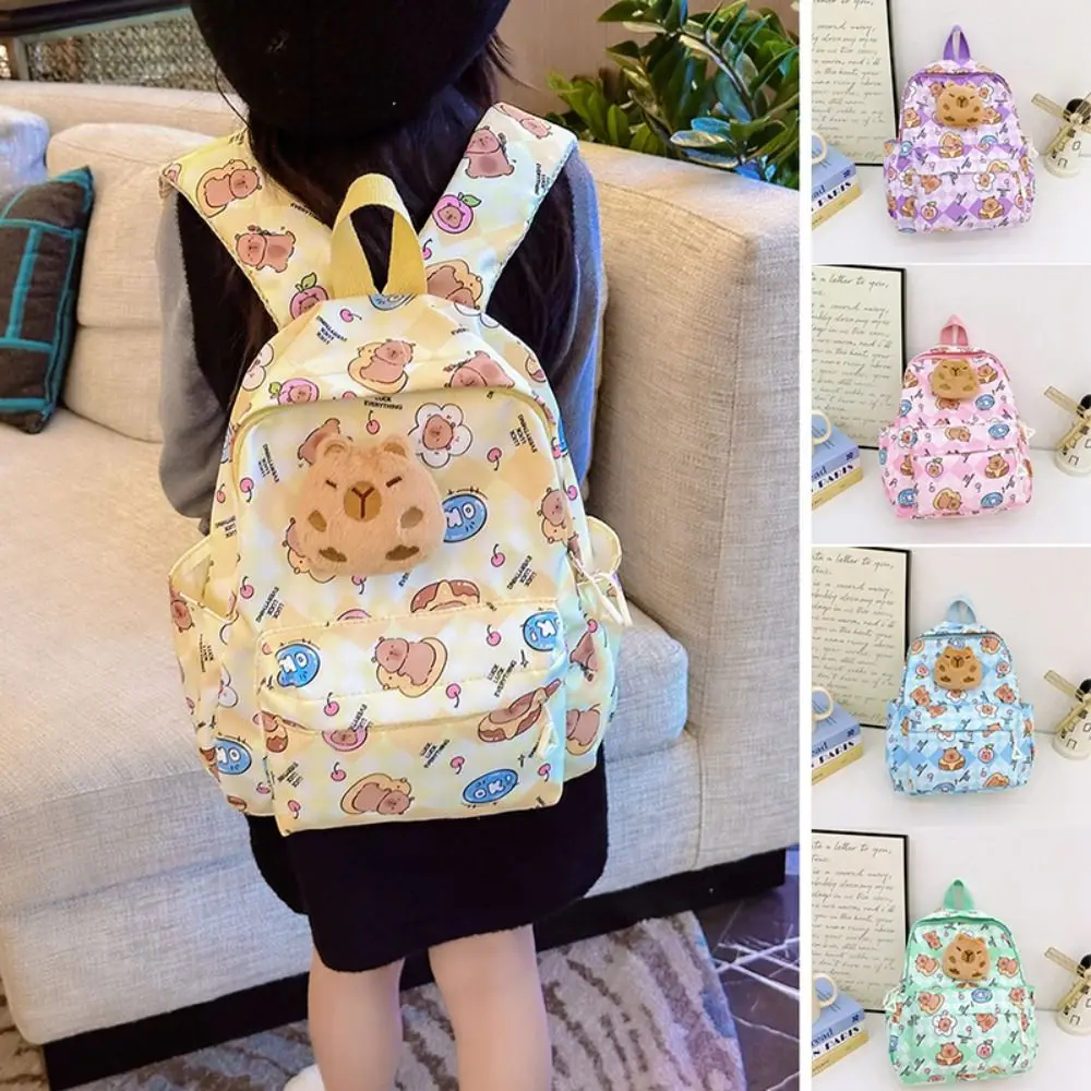 Mochila de capibara de dibujos animados Kawaii, mochila escolar de nailon de gran capacidad para guardería, mochila de viaje ligera y colorida para niños