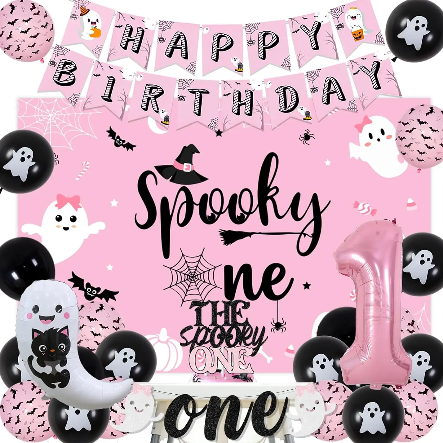 

The Spooky One Halloween 1st Birthday Party Decor with Happy Birthday Banner Cake Topper Halloween Backdrop High Chair Banner