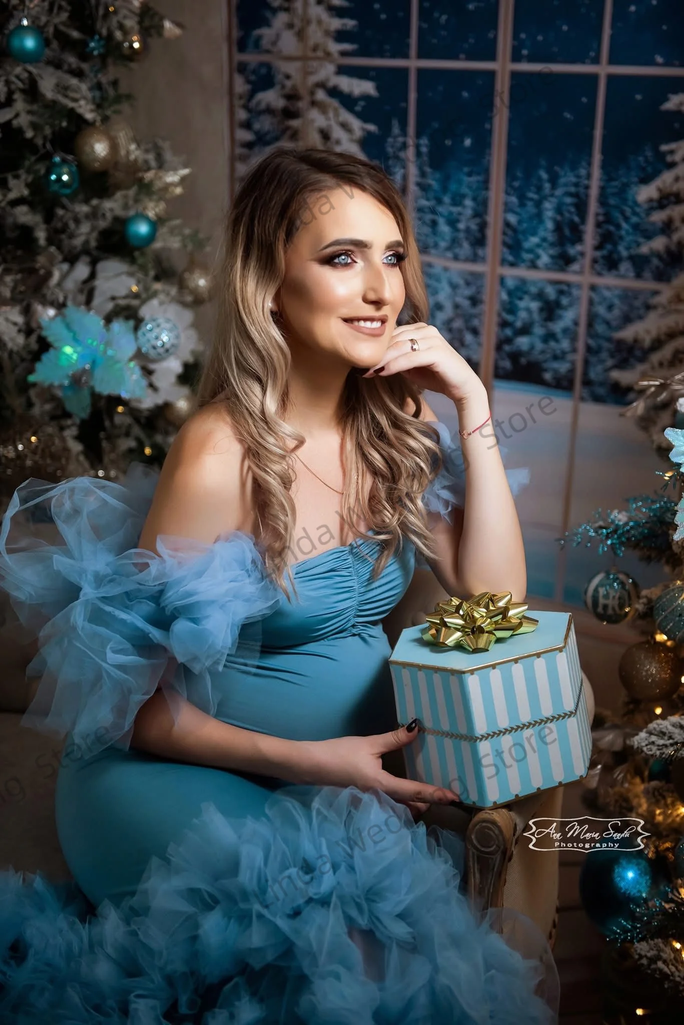 イリュージョンブルーマタニティドレスリンダマーメイドフリル妊娠中のプロムドレス写真撮影用カスタマイズされたスイープトレインベビーシャワーローブ