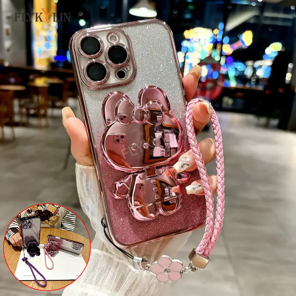 

FLYKYLIN Luxury Glitter Rabbit Mirror Phone Case For Honor X6 X6S X7 X7A X8 X8A X8C 4G X8B X9 X9A Four Leaf Clover Hand Rope