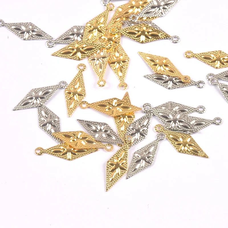 50pcs Gold and silver Filigree Wraps rhombus Pendant Metal Crafts for Headwear and jewelry accessories 8x21mm YKL0911