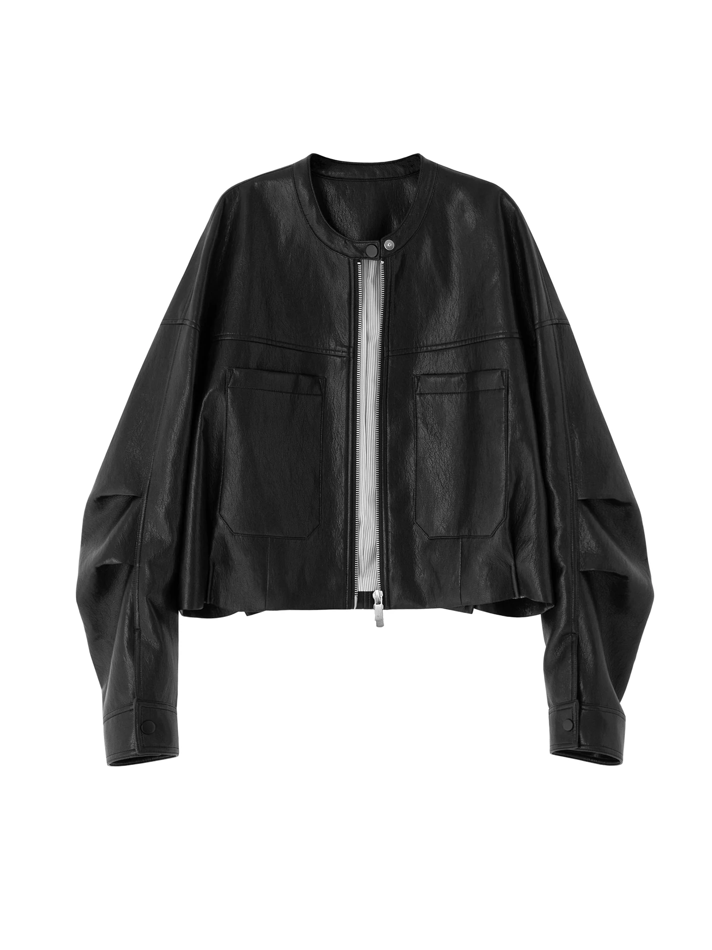 Veste en cuir PU noire pour femme, coupe ample, style décontracté, avec double fermeture éclair, épaules tombantes et col rond, idéale pour les trajets quotidiens.